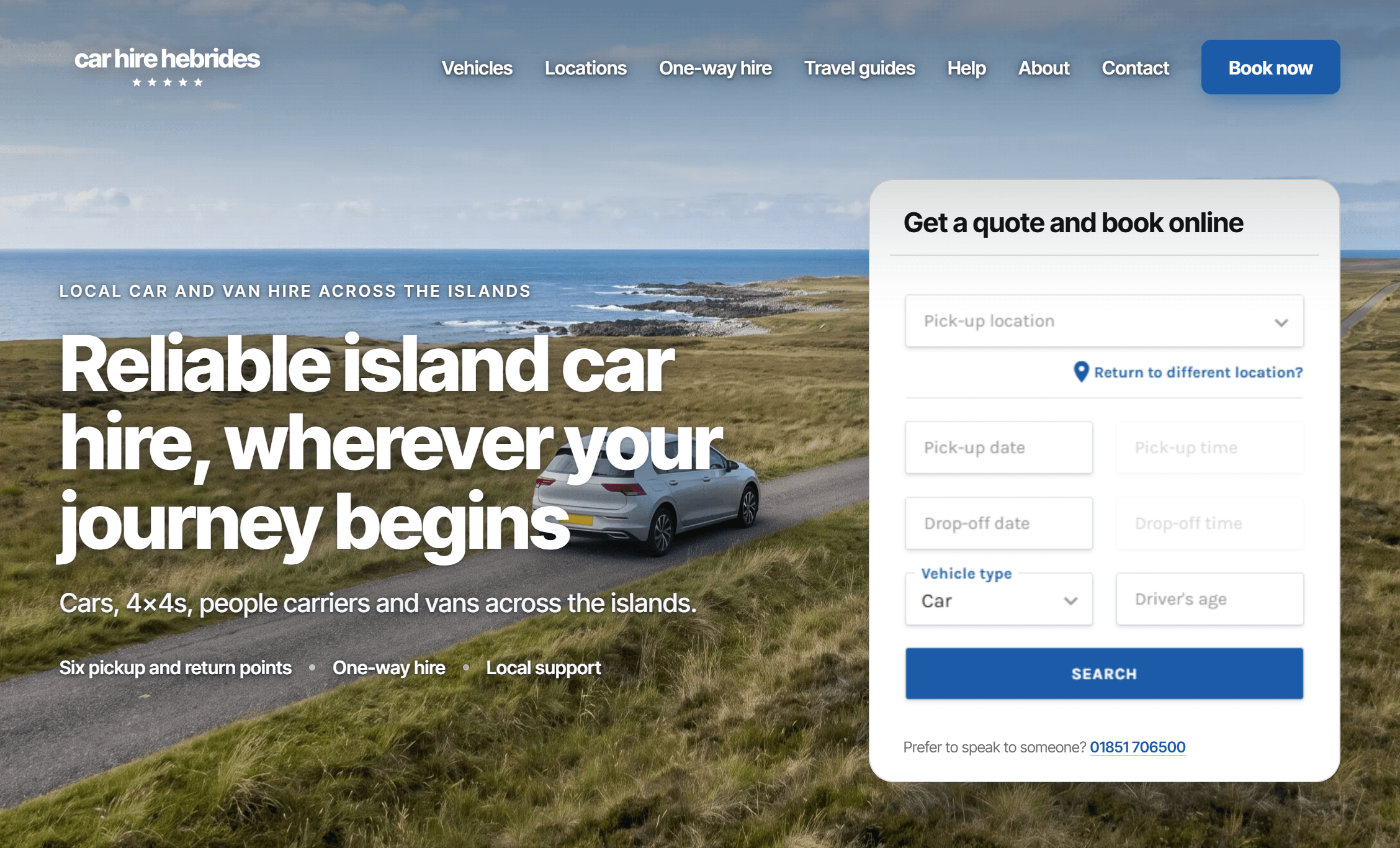 Car Hire Hebrides website homepage, showing a hero headline beside an online booking panel.